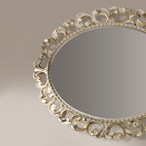 _Pitti oval mirror 
                in wood, champagne 
                 silver leaf finish, cat. C.