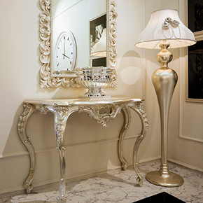 _Devoré wooden console table
                 in champagne silver leaf finish, cat. C