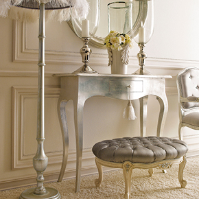 _Slim wooden console table 
                 with Bijou metal handles, 
                 wax silver leaf finish, cat. C.