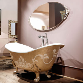 _Cast iron tub 
             in golden light-brown finish with Prince decoration, cat. D, 
            4 feet in dove grey silver leaf finish, cat. C.
            <br>
            _Ludovica mirror 
             in dove grey silver leaf finish, cat. C.