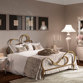 _Erik bed
                      in solid, wrought iron
                      smoked bronze finish, cat. B67.
                      <br>
                      _Jadore night table
                      in cameo finish, cat B57
                      with details in dove grey silver leaf finish, cat. C46
                      iron Perla finish, cat. C.
                      <br>
                      _Operà table lamp
                      in cameo finish, cat. B57.
                      <br>
                      _Jadore dresser
                      in cameo finish, cat. B57
                      with details in dove grey silver leaf finish, cat. C46.
                      <br>
                      _Operà floor lamp
                      in cameo finish, cat. B57.
                      <br>
                      _Prince mirror
                      in cameo finish, cat. B57.