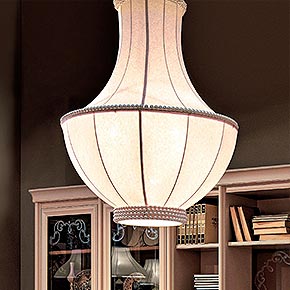 IMPERO Ø80 H.110 cm</br>
_Lampadario Impero in tessuto Rio/6924, cat.A, bordature in perle avorio