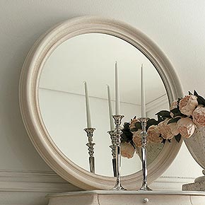 ORLANDO Ø96 cm</br>
_Specchiera Orlando in legno, finitura avorio craquelet, cat. B