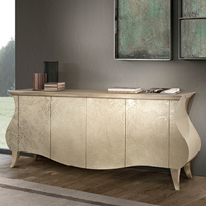 _Glamour sideboard 
				 in wood with 4 doors, champagne silver 
				 leaf finish cat.C, macramè finish.