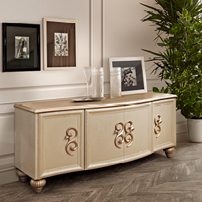 _Medea sideboard 
				 with frame in finish nocciola dorato cat. B 
				 and handles, feet and top in finish oro tortora cat. C.