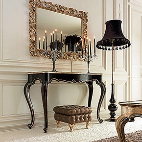 _Consolle Lester in legno, finitura nero anticato con top e particolari foglia argento ossido rosato, cat. B
