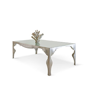 _Roma wrought metal coffee table 
                 wax silver leaf finish, cat. C, 
                 with frosted glass.